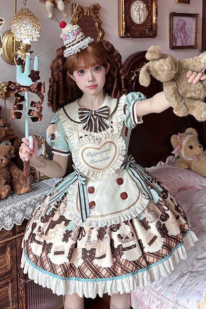 Sweet Lolita Dress - Peppermint Chocolate, Brown, Bow Detail, Lace Trim, Ruffled - additional product view 9