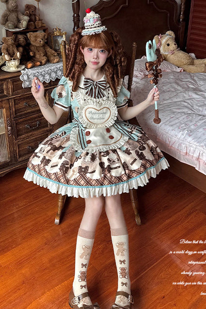 Sweet Lolita Dress - Peppermint Chocolate, Brown, Bow Detail, Lace Trim, Ruffled - additional product view 10