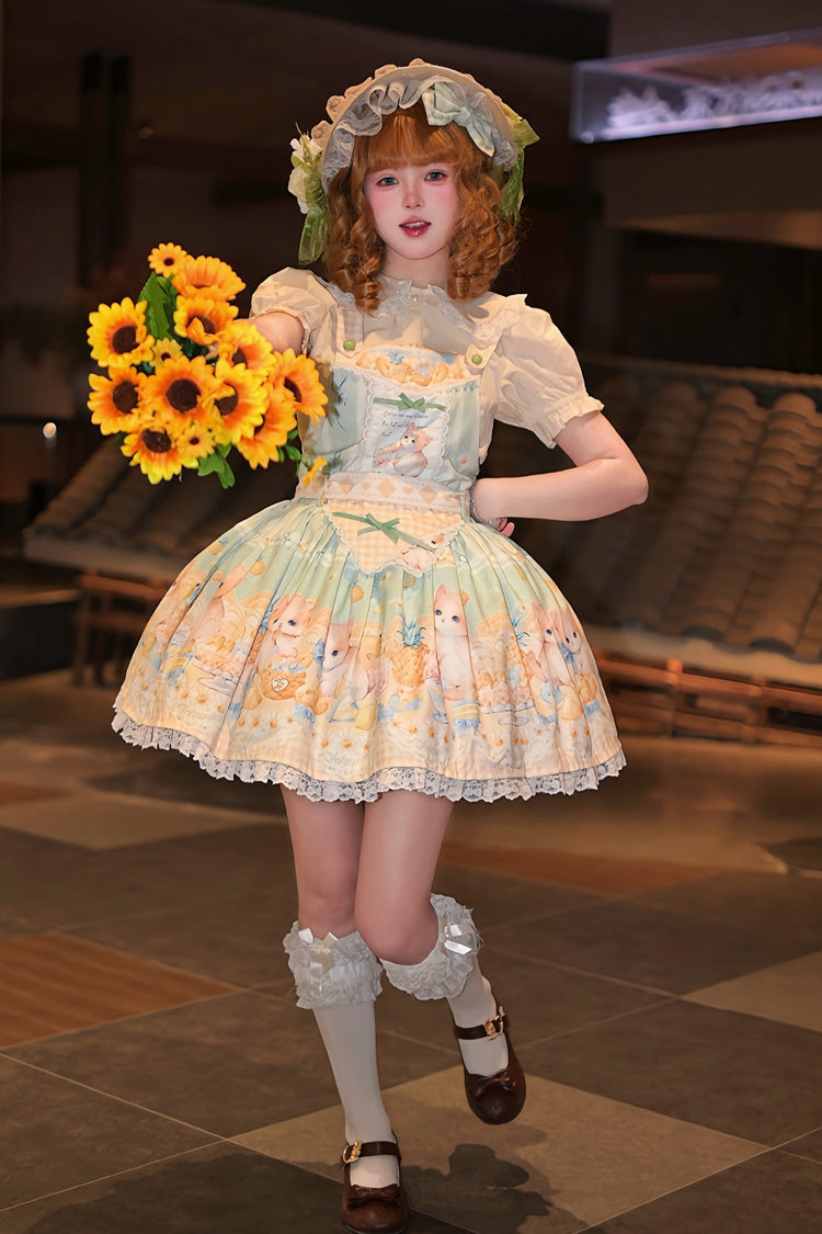 Sweet Lolita Dress - Pineapple Cat, Green, Bow Detail, Lace Trim, Printed - additional product view 2