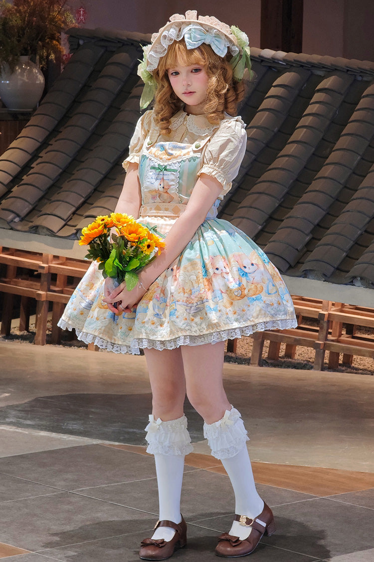 Sweet Lolita Dress - Pineapple Cat, Green, Bow Detail, Lace Trim, Printed - additional product view 3