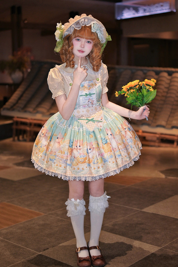 Sweet Lolita Dress - Pineapple Cat, Green, Bow Detail, Lace Trim, Printed - additional product view 4