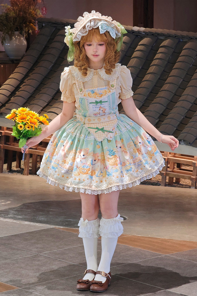 Sweet Lolita Dress - Pineapple Cat, Green, Bow Detail, Lace Trim, Printed - additional product view 5