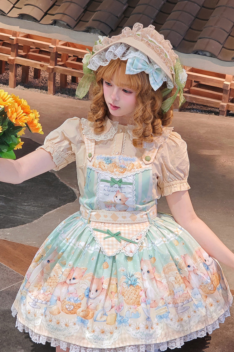 Sweet Lolita Dress - Pineapple Cat, Green, Bow Detail, Lace Trim, Printed - additional product view 6