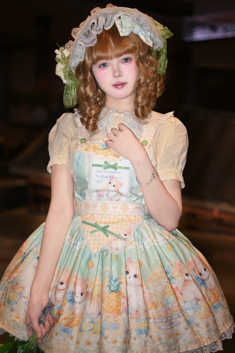 Sweet Lolita Dress - Pineapple Cat, Green, Bow Detail, Lace Trim, Printed - additional product view 7