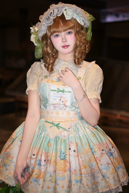 Sweet Lolita Dress - Pineapple Cat, Green, Bow Detail, Lace Trim, Printed - additional product view 7
