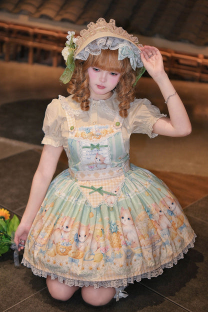 Sweet Lolita Dress - Pineapple Cat, Green, Bow Detail, Lace Trim, Printed - additional product view 9