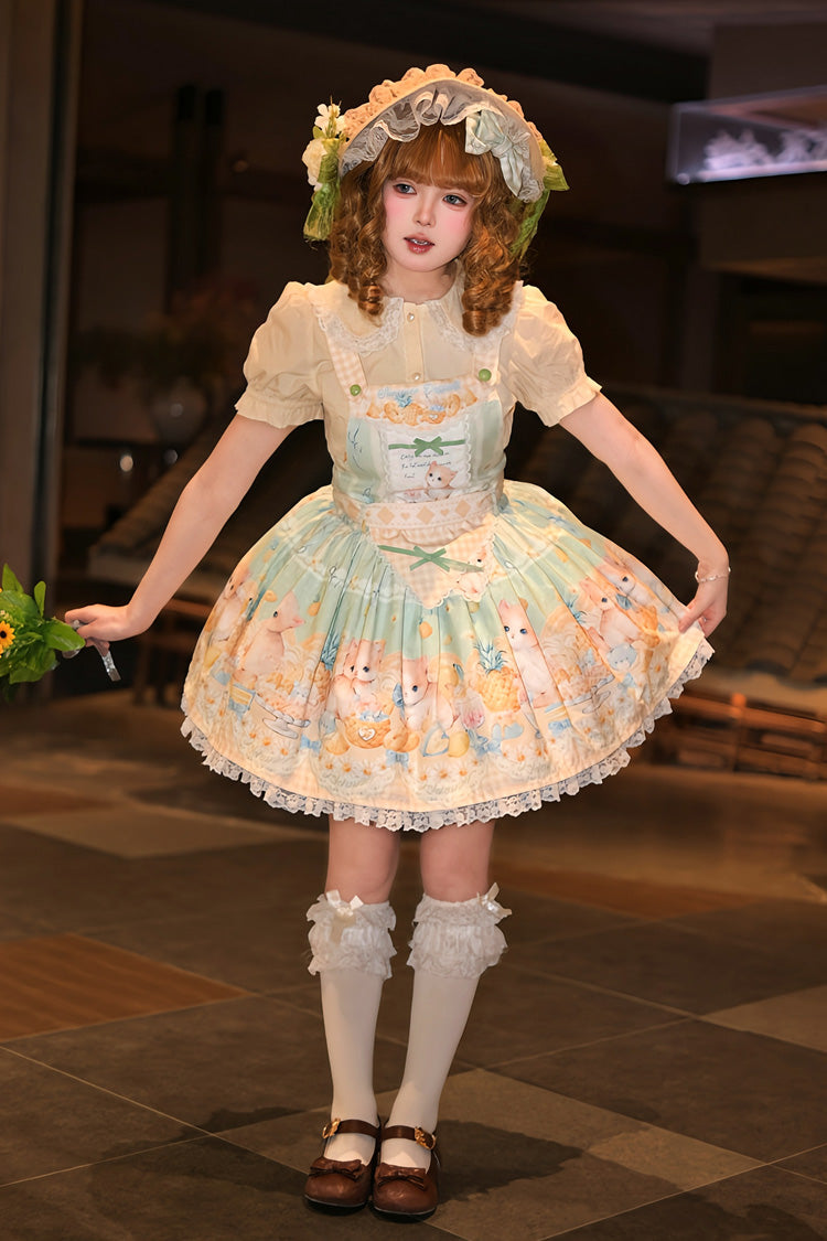 Sweet Lolita Dress - Pineapple Cat, Green, Bow Detail, Lace Trim, Printed - additional product view 10