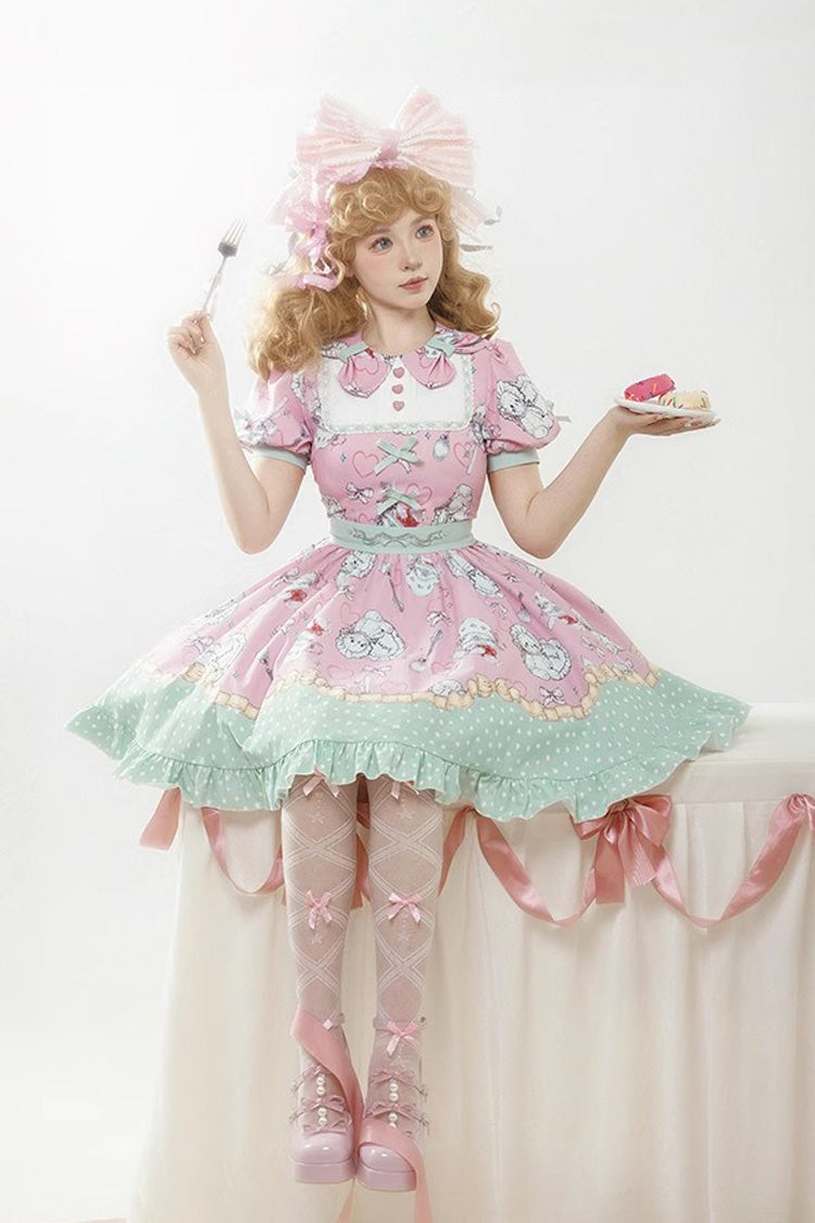 Sweet Lolita Dress - Pink/green Tea Time Donut, Cake, 2 Colors, Printed, Ruffled - additional product view 2