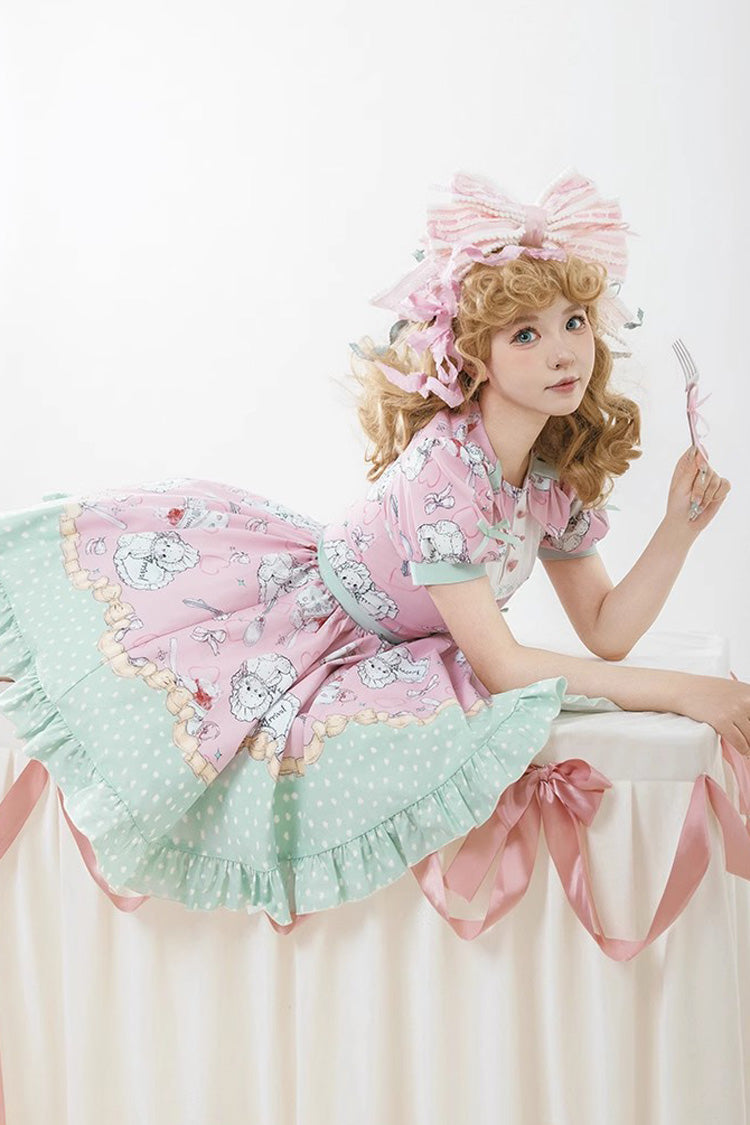 Sweet Lolita Dress - Pink/green Tea Time Donut, Cake, 2 Colors, Printed, Ruffled - additional product view 3