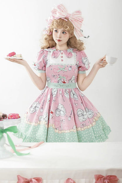 Sweet Lolita Dress - Pink/green Tea Time Donut, Cake, 2 Colors, Printed, Ruffled - additional product view 4