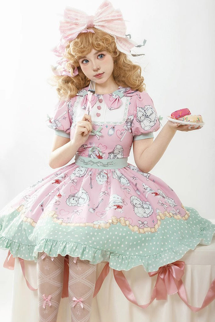 Sweet Lolita Dress - Pink/green Tea Time Donut, Cake, 2 Colors, Printed, Ruffled - additional product view 5
