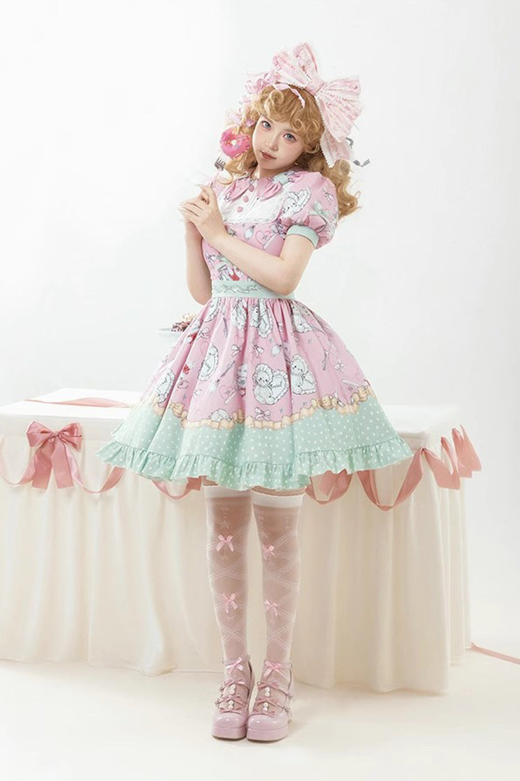 Sweet Lolita Dress - Pink/green Tea Time Donut, Cake, 2 Colors, Printed, Ruffled - additional product view 6