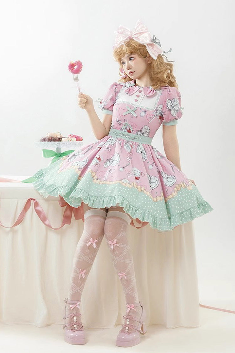 Sweet Lolita Dress - Pink/green Tea Time Donut, Cake, 2 Colors, Printed, Ruffled - additional product view 7