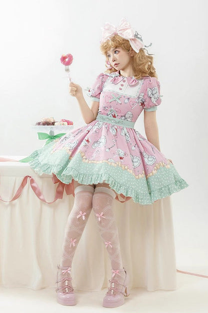 Sweet Lolita Dress - Pink/green Tea Time Donut, Cake, 2 Colors, Printed, Ruffled - additional product view 7