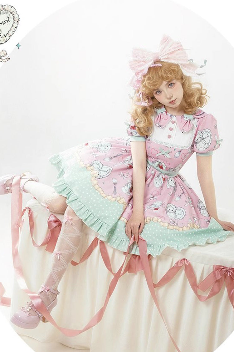 Sweet Lolita Dress - Pink/green Tea Time Donut, Cake, 2 Colors, Printed, Ruffled - additional product view 8