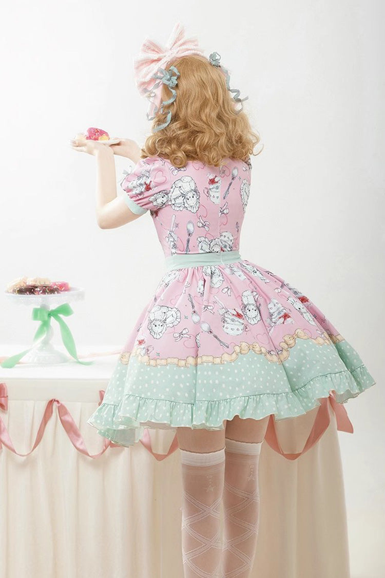Sweet Lolita Dress - Pink/green Tea Time Donut, Cake, 2 Colors, Printed, Ruffled - additional product view 9