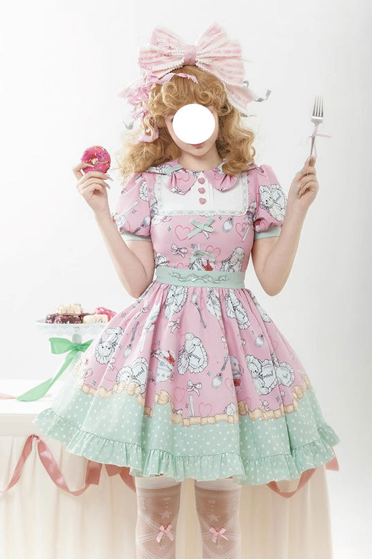 Sweet Lolita Dress - Pink/green Tea Time Donut, Cake, 2 Colors, Printed, Ruffled - main product image