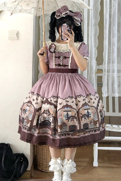 Sweet Lolita Dress - Pink/purple, 2 Colors, Printed, Classic Style, Bow Detail - main product image