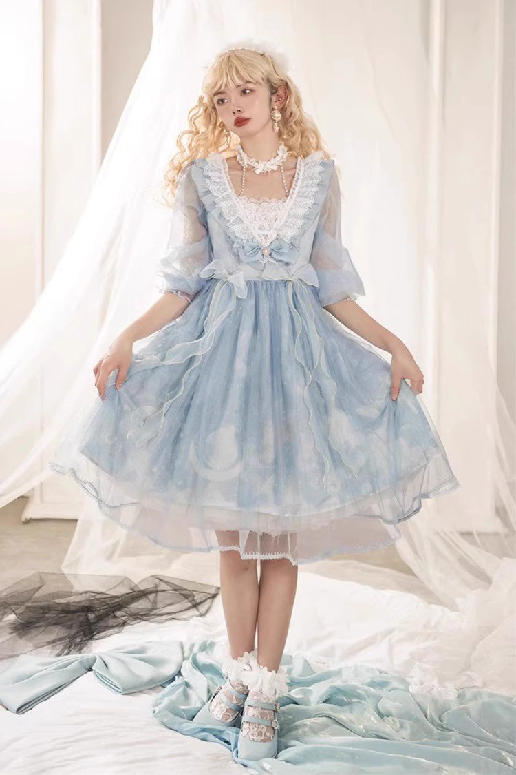Sweet Lolita Dress - Planet Butterfly Print, 2 Colors, Gothic Style, Classic Style - S Long-Sleeve Blue / M Long-Sleeve Blue / L Long-Sleeve Blue option