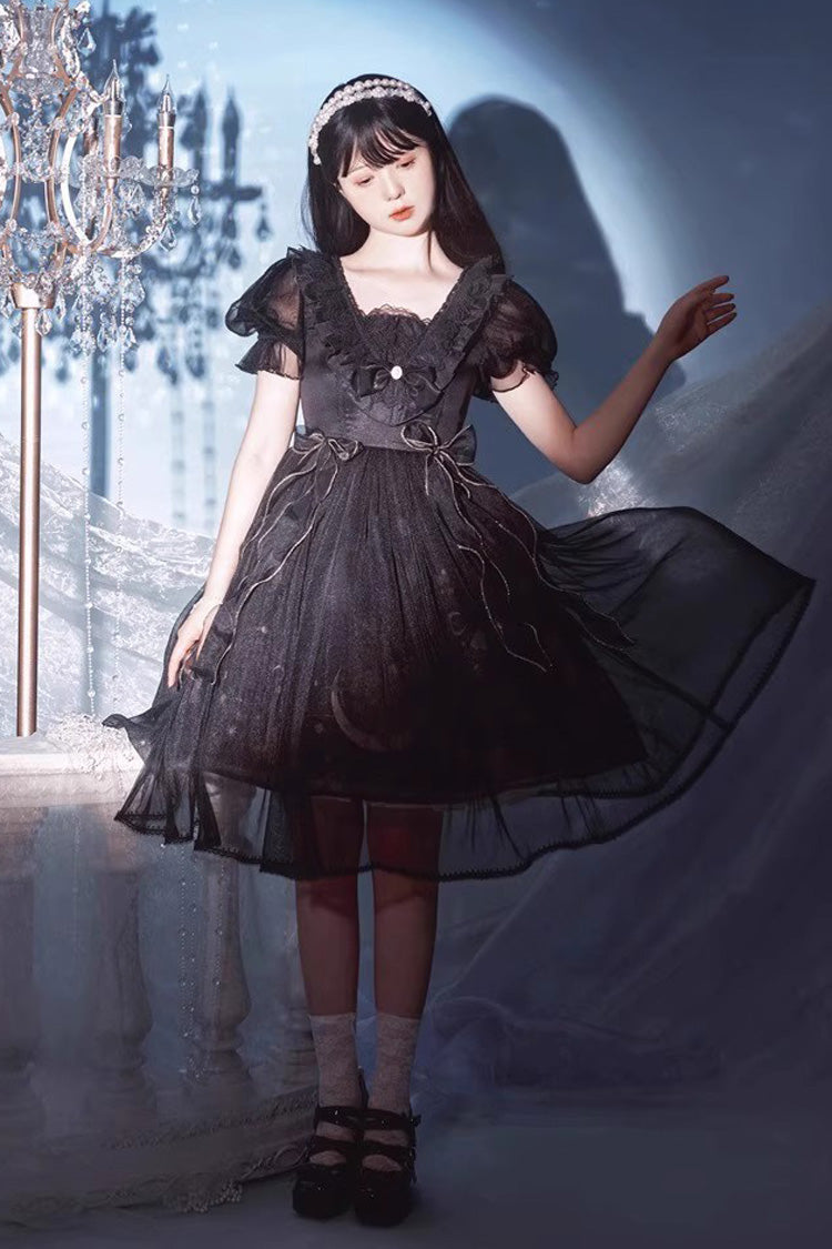 Sweet Lolita Dress - Planet Butterfly Print, 2 Colors, Gothic Style, Classic Style - S Short-Sleeve Black / M Short-Sleeve Black / L Short-Sleeve Black option