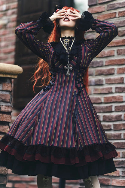 Sweet Lolita Dress - Point Manor Stand Collar, 4 Colors, Striped, Stand Collar, Printed - additional product view 6