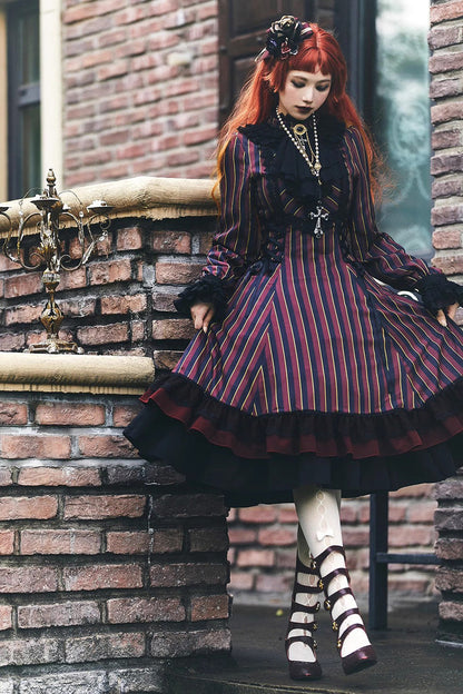 Sweet Lolita Dress - Point Manor Stand Collar, 4 Colors, Striped, Stand Collar, Printed - additional product view 7