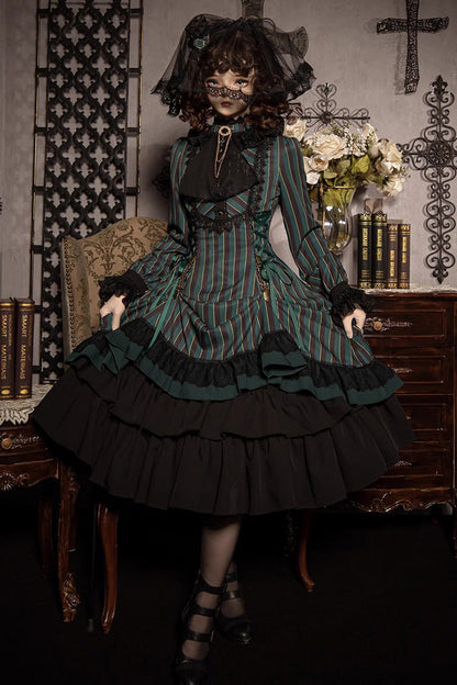 Sweet Lolita Dress - Point Manor Stand Collar, 4 Colors, Striped, Stand Collar, Printed - main product image