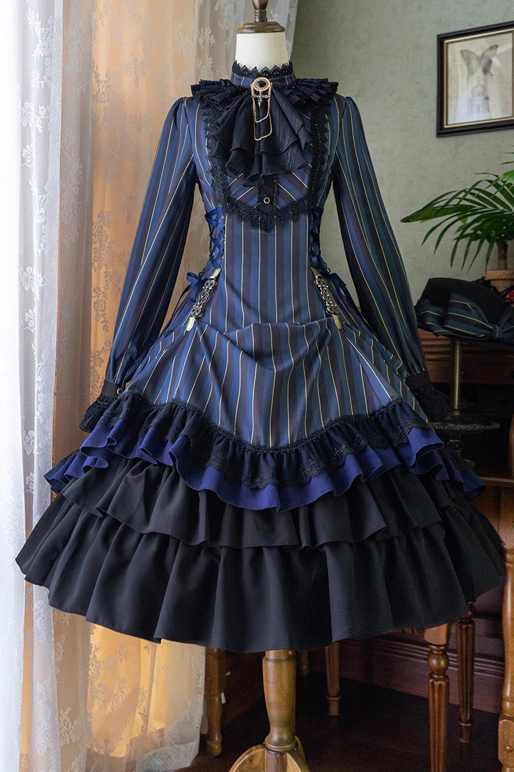 Sweet Lolita Dress - Point Manor Stand Collar, 4 Colors, Striped, Stand Collar, Printed - XS Blue / S Blue / M Blue option