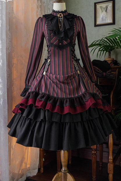Sweet Lolita Dress - Point Manor Stand Collar, 4 Colors, Striped, Stand Collar, Printed - XS Red / S Red / M Red option