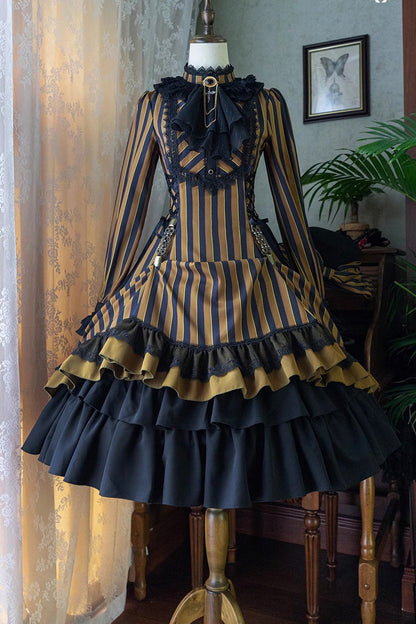 Sweet Lolita Dress - Point Manor Stand Collar, 4 Colors, Striped, Stand Collar, Printed - XS Yellow / S Yellow / M Yellow option