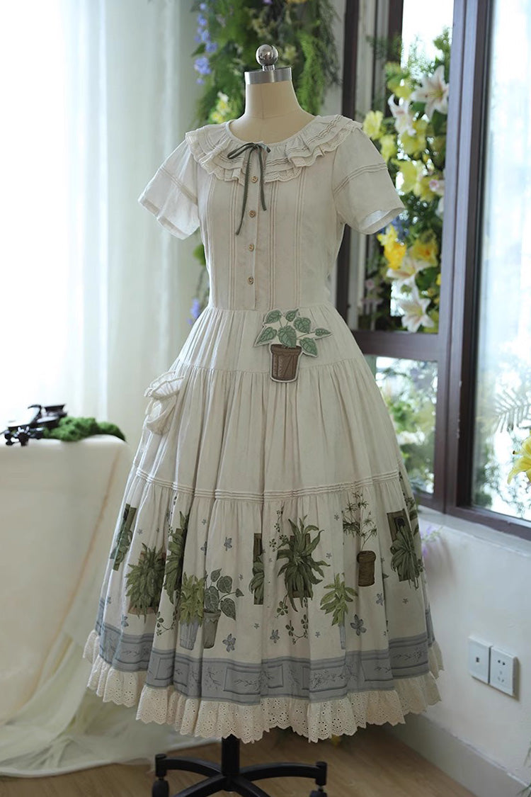 Sweet Lolita Dress - Potted Plant, Ivory, Ruffled, Printed - Tea Party Dress - additional product view 2
