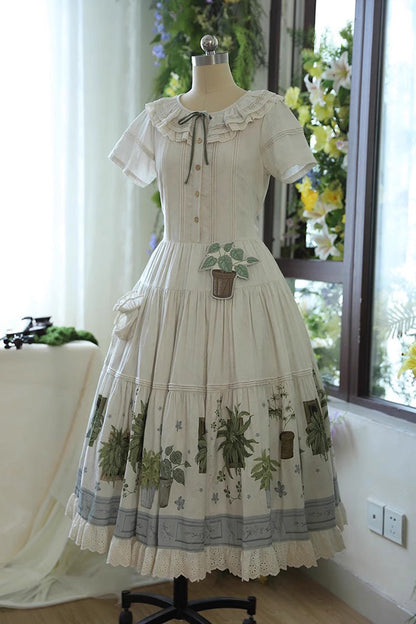 Sweet Lolita Dress - Potted Plant, Ivory, Ruffled, Printed - Tea Party Dress - additional product view 2