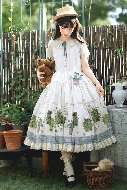 Sweet Lolita Dress - Potted Plant, Ivory, Ruffled, Printed - Tea Party Dress - additional product view 3