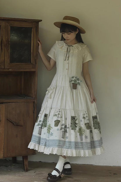 Sweet Lolita Dress - Potted Plant, Ivory, Ruffled, Printed - Tea Party Dress - additional product view 4