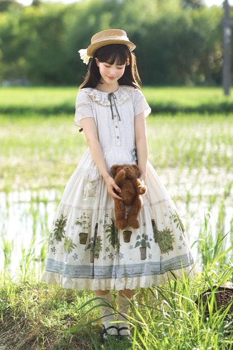 Sweet Lolita Dress - Potted Plant, Ivory, Ruffled, Printed - Tea Party Dress - additional product view 5