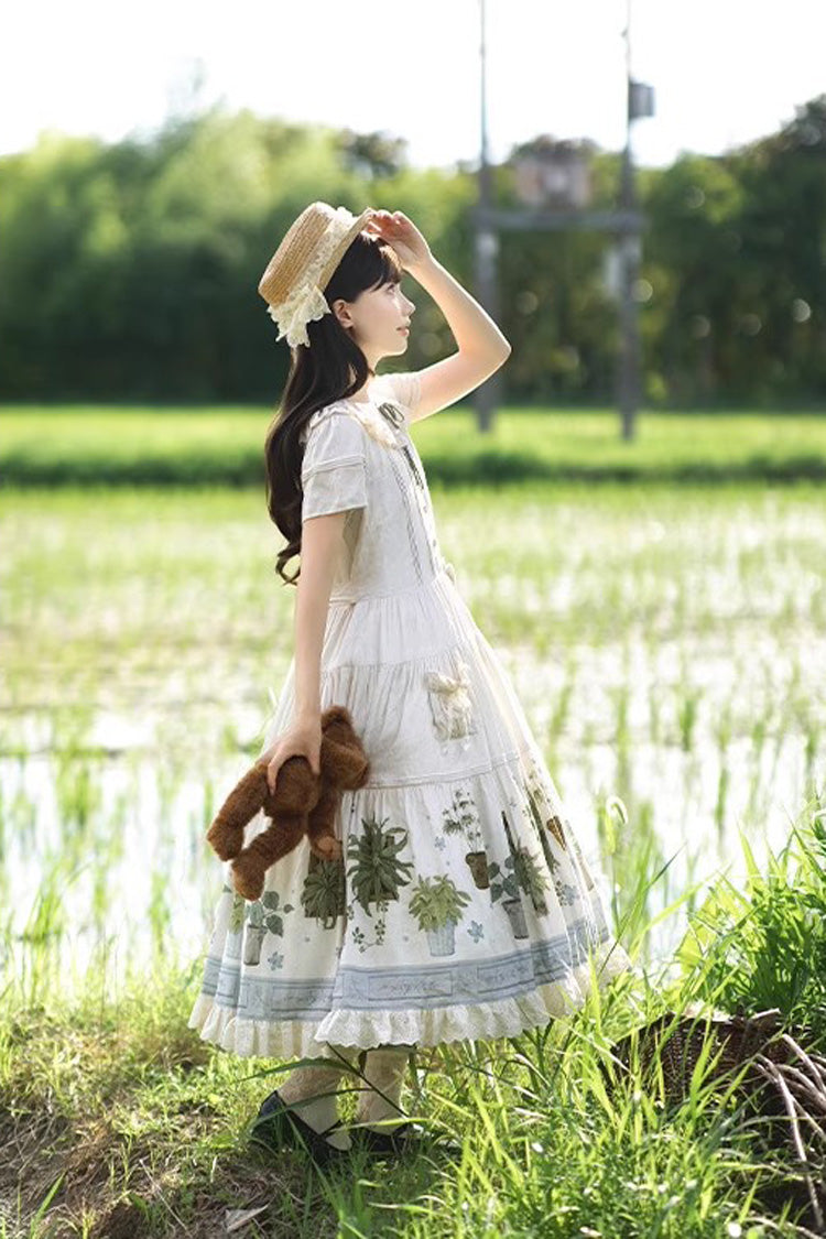 Sweet Lolita Dress - Potted Plant, Ivory, Ruffled, Printed - Tea Party Dress - additional product view 6