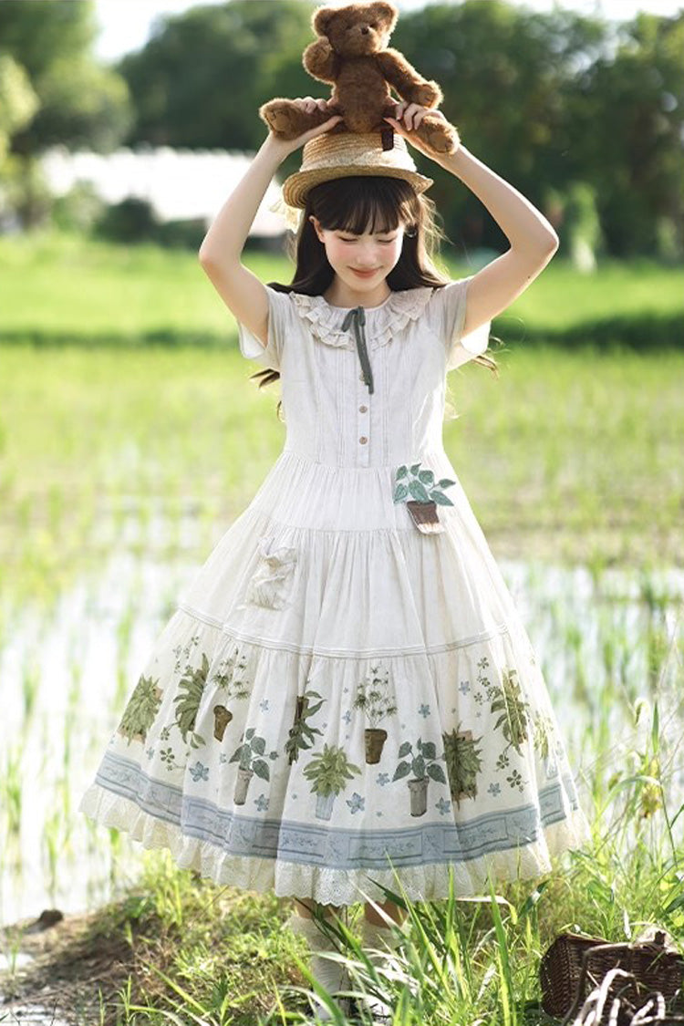 Sweet Lolita Dress - Potted Plant, Ivory, Ruffled, Printed - Tea Party Dress - additional product view 7
