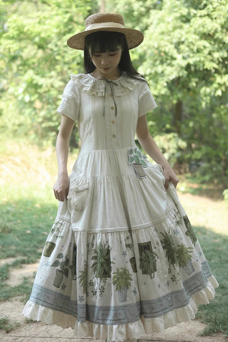 Sweet Lolita Dress - Potted Plant, Ivory, Ruffled, Printed - Tea Party Dress - additional product view 8