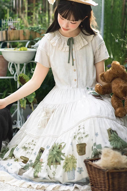 Sweet Lolita Dress - Potted Plant, Ivory, Ruffled, Printed - Tea Party Dress - additional product view 9