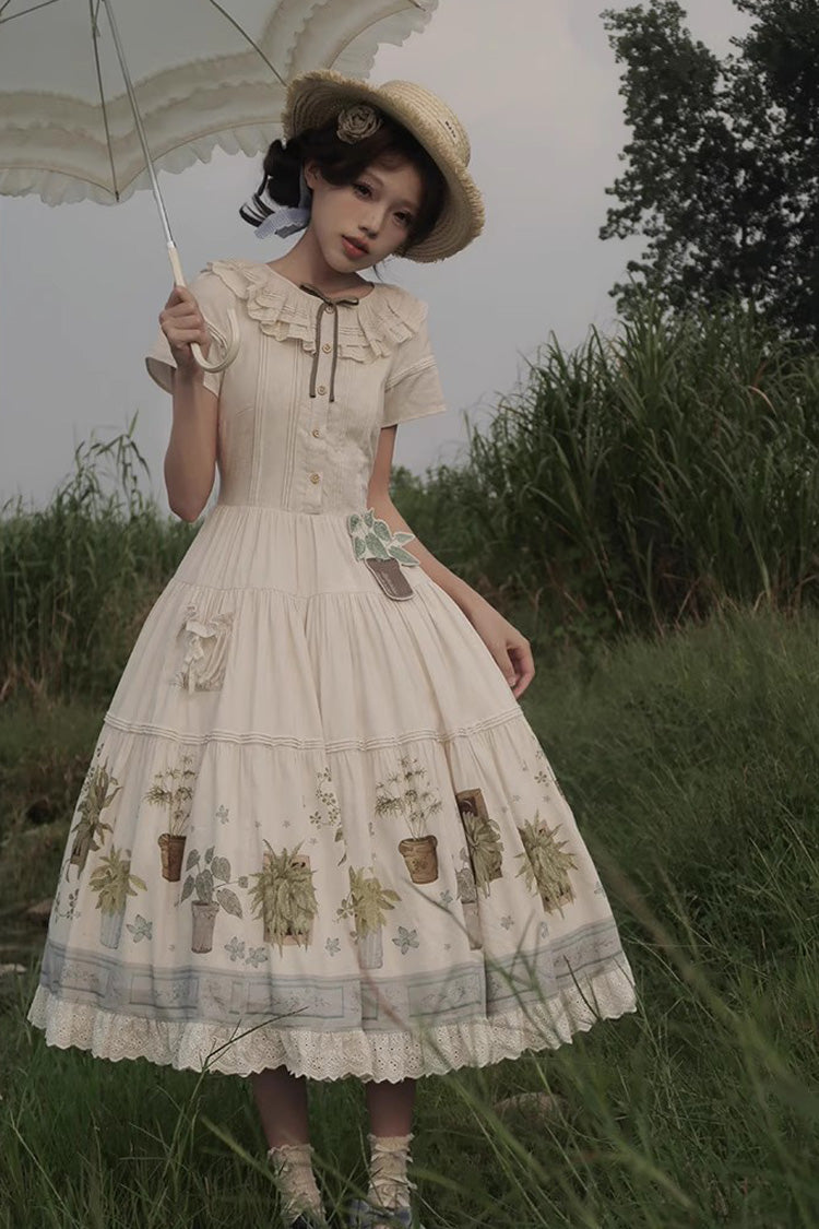 Sweet Lolita Dress - Potted Plant, Ivory, Ruffled, Printed - Tea Party Dress - additional product view 11