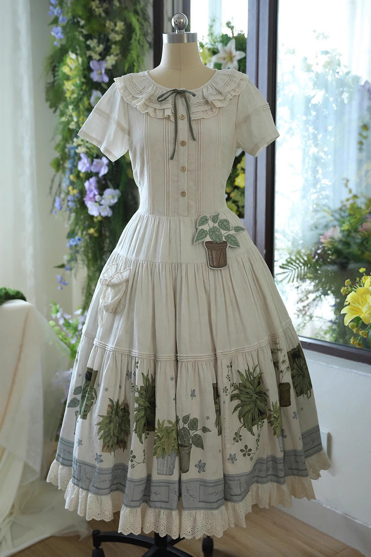 Sweet Lolita Dress - Potted Plant, Ivory, Ruffled, Printed - Tea Party Dress - main product image