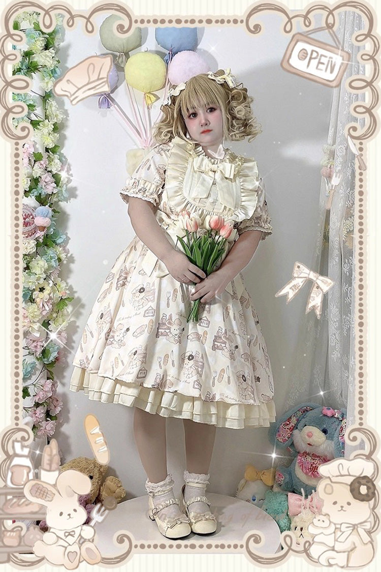 Sweet Lolita Dress - Puff Print Ruffle Bowknot, Ivory, Puff Sleeves, Plus Size, Bow Detail - additional product view 2