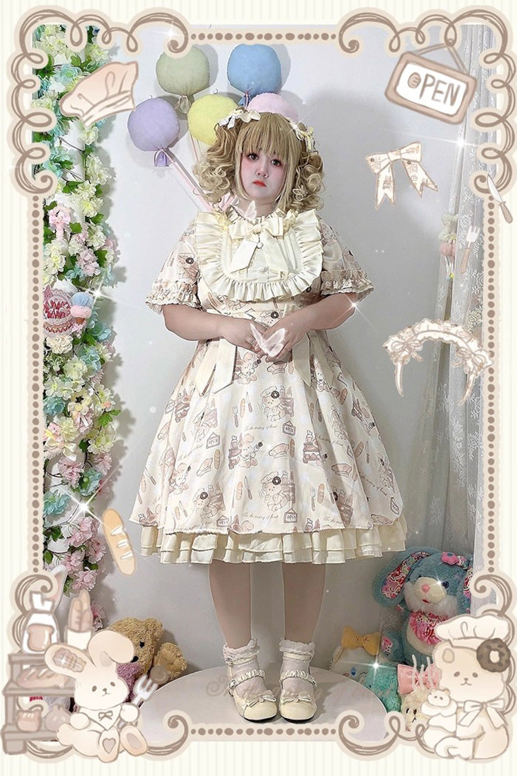 Sweet Lolita Dress - Puff Print Ruffle Bowknot, Ivory, Puff Sleeves, Plus Size, Bow Detail - additional product view 3