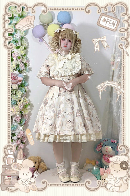 Sweet Lolita Dress - Puff Print Ruffle Bowknot, Ivory, Puff Sleeves, Plus Size, Bow Detail - additional product view 3