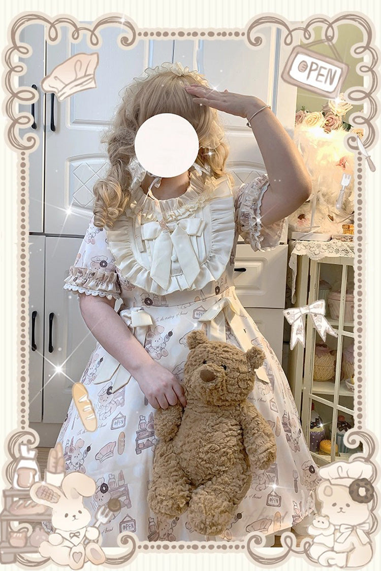 Sweet Lolita Dress - Puff Print Ruffle Bowknot, Ivory, Puff Sleeves, Plus Size, Bow Detail - additional product view 4