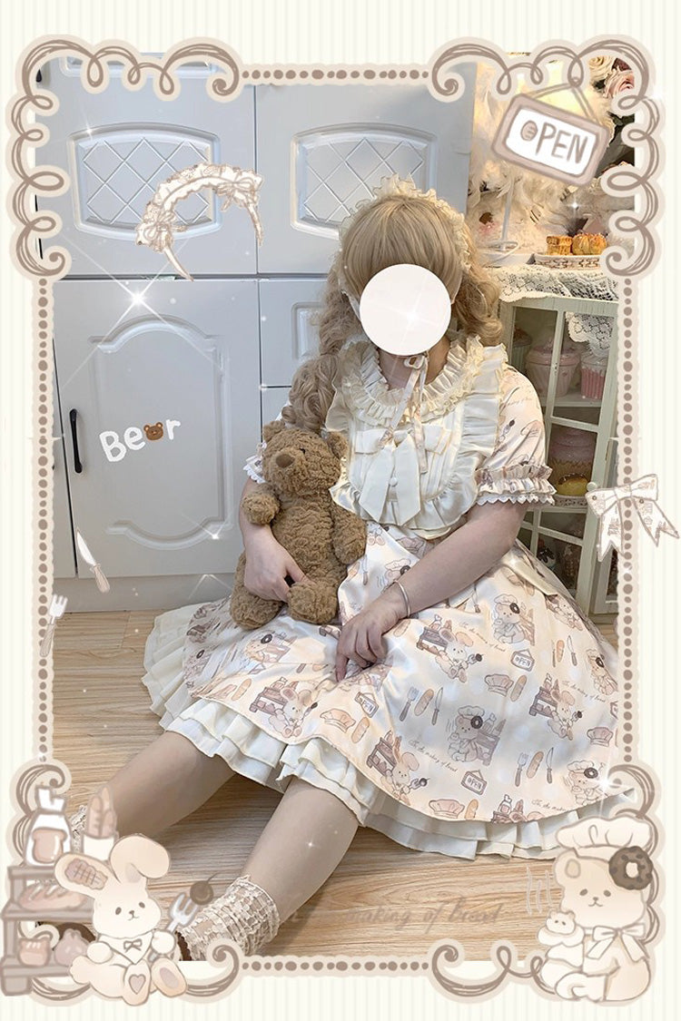 Sweet Lolita Dress - Puff Print Ruffle Bowknot, Ivory, Puff Sleeves, Plus Size, Bow Detail - additional product view 5