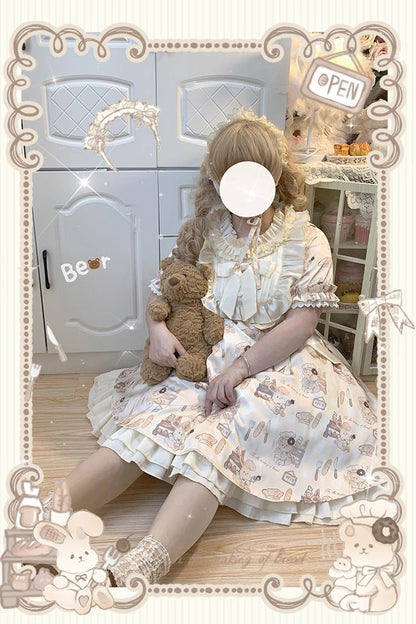 Sweet Lolita Dress - Puff Print Ruffle Bowknot, Ivory, Puff Sleeves, Plus Size, Bow Detail - additional product view 5