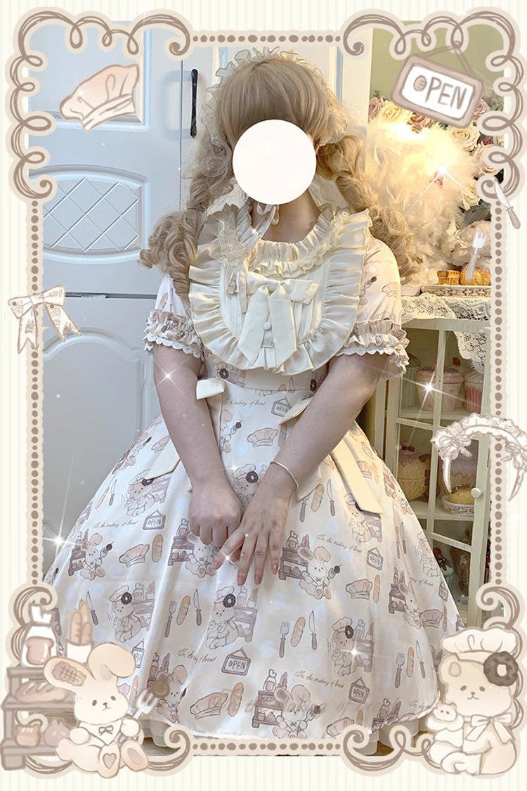 Sweet Lolita Dress - Puff Print Ruffle Bowknot, Ivory, Puff Sleeves, Plus Size, Bow Detail - additional product view 6