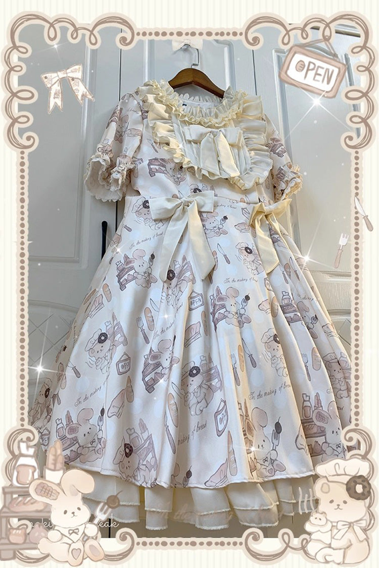 Sweet Lolita Dress - Puff Print Ruffle Bowknot, Ivory, Puff Sleeves, Plus Size, Bow Detail - additional product view 7