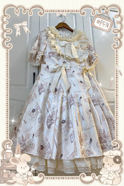 Sweet Lolita Dress - Puff Print Ruffle Bowknot, Ivory, Puff Sleeves, Plus Size, Bow Detail - additional product view 7